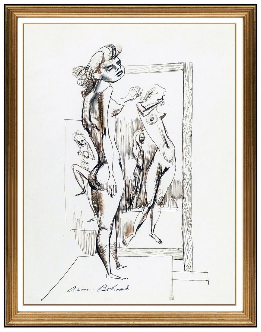 Aaron Bohrod Original Ink Drawing Signed Nude Female Figurative Artwork: This lot includes:Gallery COA. In-house shipping available (insurance and international shipping for an additional charge).Artist: Aaron BohrodTitle: The Dressing RoomMedium: Ink DrawingSize: 10.5" x