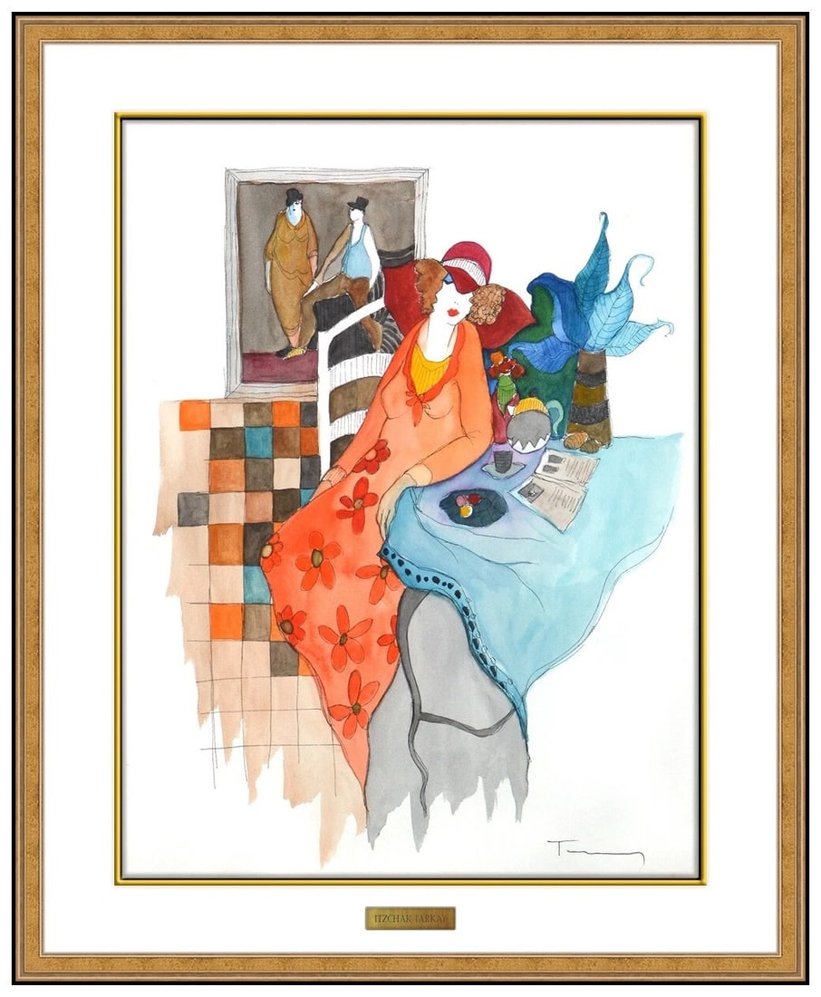Itzchak Tarkay Original Watercolor Painting Signed Female Cafe Framed Artwork (1 of 5)