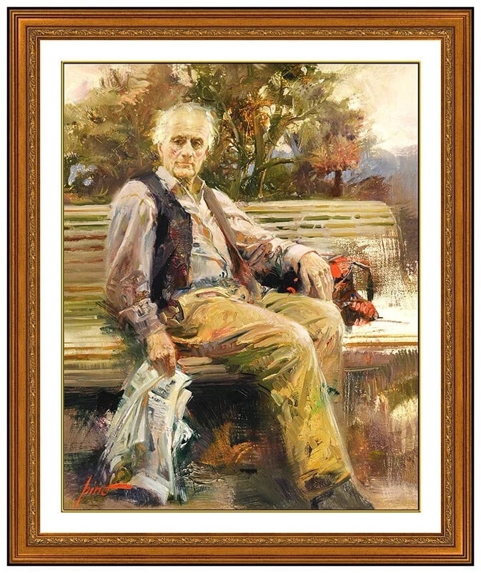 Pino Daeni Original Oil Painting On Canvas Signed Large Authentic Framed Art: This lot includes:Gallery COA. In-house shipping available (insurance and international shipping for an additional charge).Artist: Pino DaeniTitle: The Park Bench StorytellerMedium: oil painting on ca