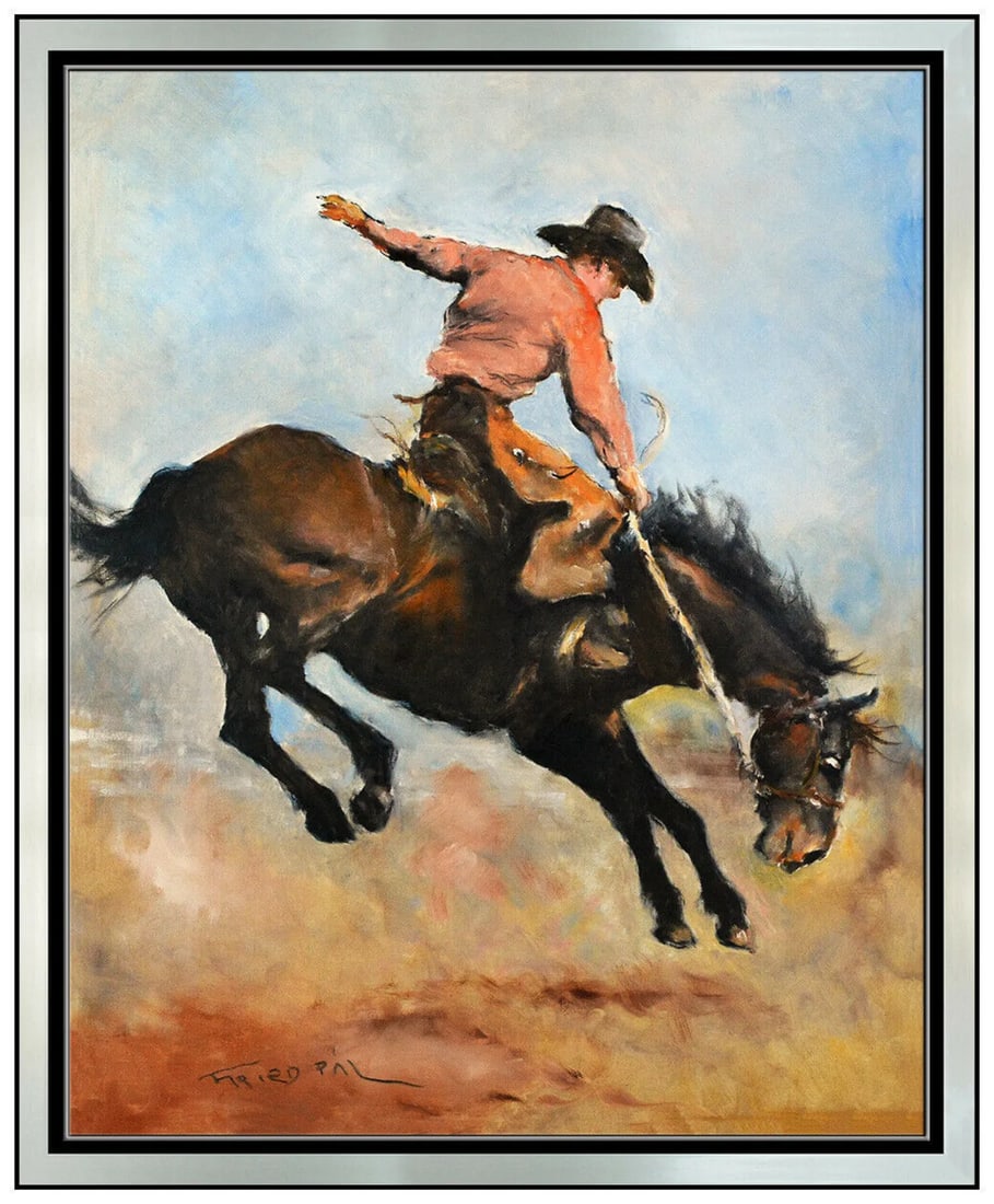 Pal Fried Original Oil Painting On Canvas Signed Rodeo Cowboy Horse Western Art (1 of 4)