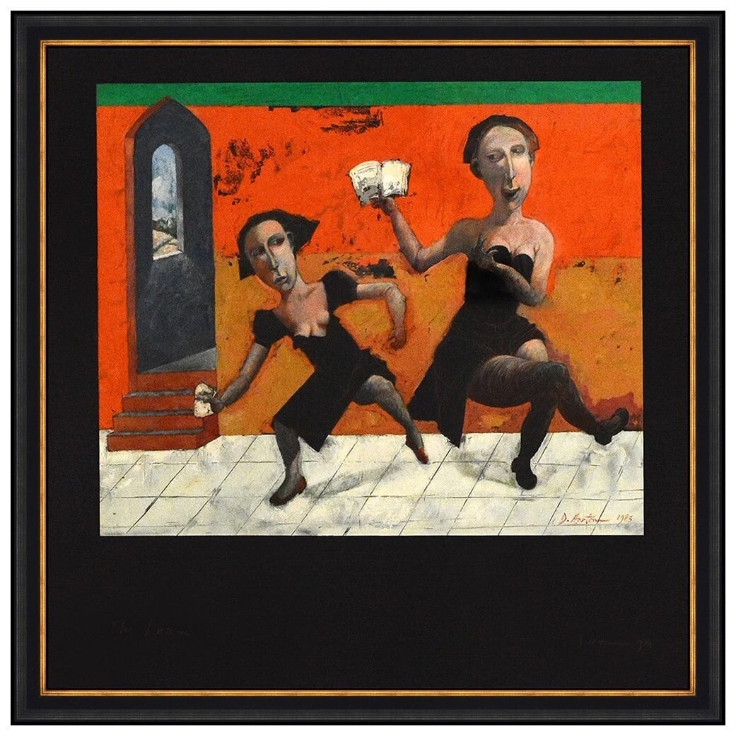 David Horton Large Original Painting Signed Female Figures Dance Framed Artwork: This lot includes:Gallery COA. In-house shipping available (insurance and international shipping for an additional charge).Artist: David HortonTitle: The LessonMedium: Oil painting on paper Size: 30&r