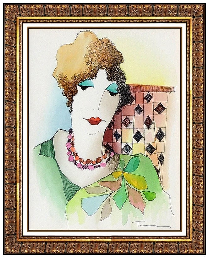 Itzchak Tarkay Original Watercolor Painting Signed French Female Portrait Art: This lot includes:Gallery COA. In-house shipping available (insurance and international shipping for an additional charge).Artist: Itzchak TarkayTitle: Inner ReflectionMedium: Watercolor PaintingSize: