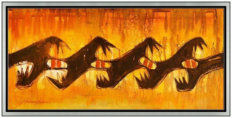 Dan Namingha Large Oil Painting On Canvas Native American Signed Framed Artwork: This lot includes:Gallery COA. In-house shipping available (insurance and international shipping for an additional charge).Artist: Dan NaminghaTitle: Rain DanceMedium: Oil Painting On CanvasSize: 14&r