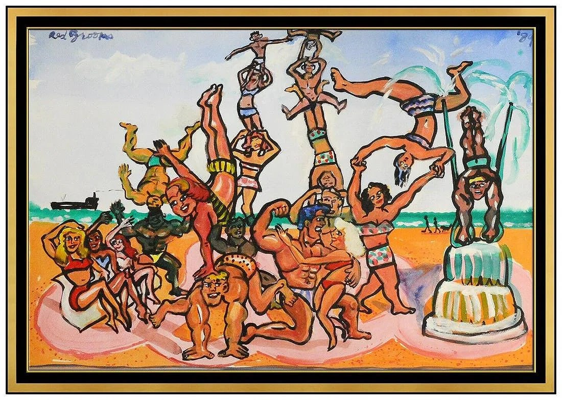 Red Grooms Original Gouache Painting Figurative Large Signed Framed Pop Artwork: This lot includes:Gallery COA. In-house shipping available (insurance and international shipping for an additional charge).Artist: Red GroomsTitle: Muscle Beach Medium: Gouache PaintingSize: 30”