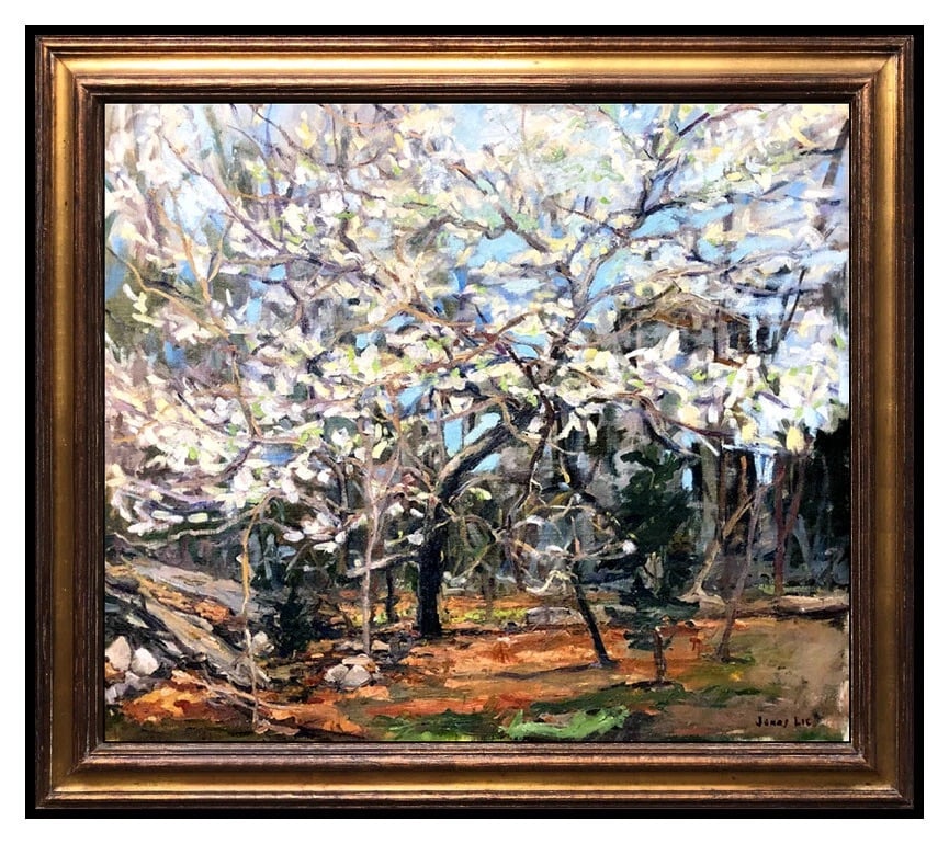 Jonas Lie Original Oil Painting On Canvas Signed Forest Tree Landscape Artwork: This lot includes:Gallery COA. In-house shipping available (insurance and international shipping for an additional charge).Artist: Jonas LieTitle: Blossoming CanopyMedium: Oil On CanvasSize: 22" x 26"