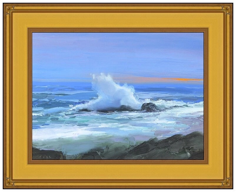 Ralf Feyl Original Oil Painting On Board Signed Water Landscape Framed Artwork: This lot includes:Gallery COA. In-house shipping available (insurance and international shipping for an additional charge).Artist: Ralf FeylTitle: Sea SprayMedium: Oil Painting On BoardSize: 9”