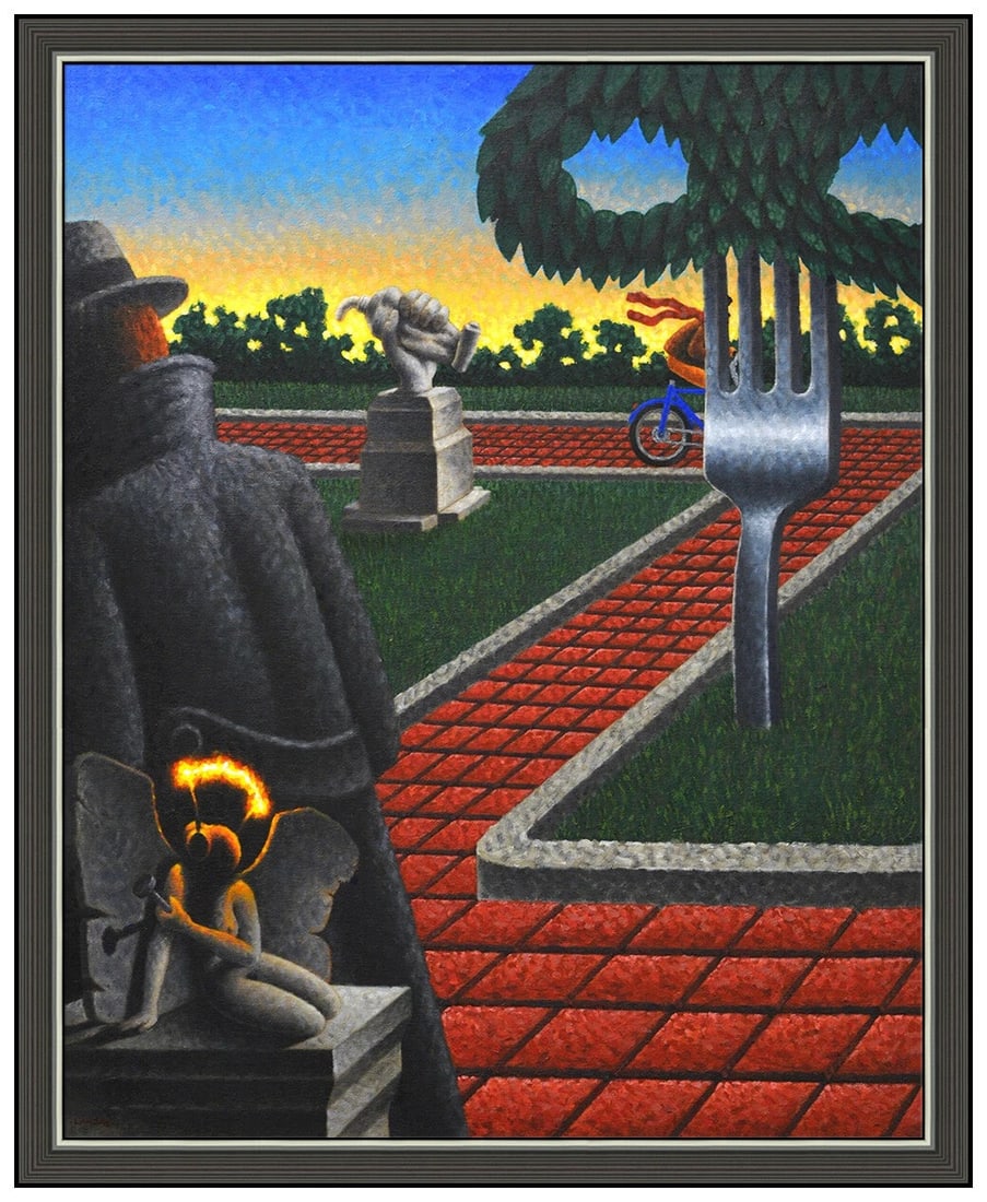 Julian Landa Original Painting On Canvas Signed Cityscape Landscape Framed Art: This lot includes:Gallery COA. In-house shipping available (insurance and international shipping for an additional charge).Artist: Julian LandaTitle: Suspect in the GardenMedium: oil painting on board