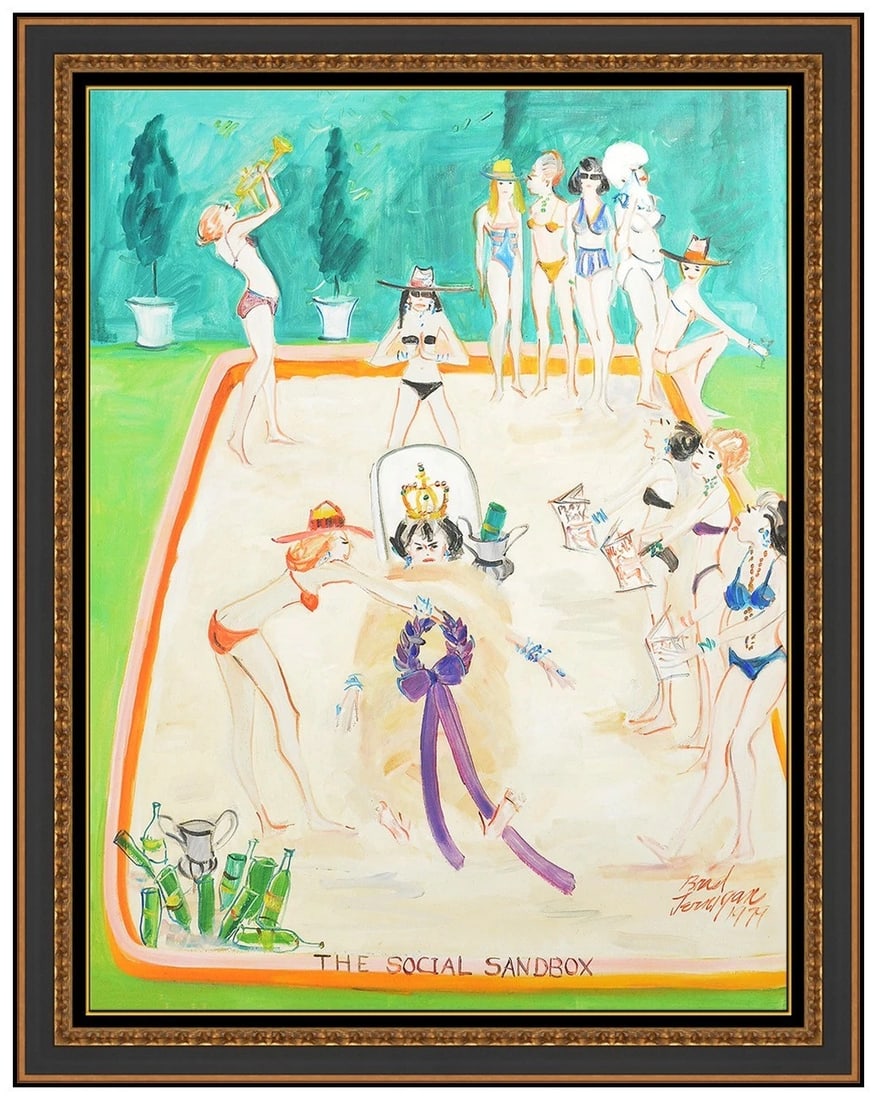 Brad Jernigan Large Original Painting On Canvas Signed Figurative Framed Artwork: This lot includes:Gallery COA. In-house shipping available (insurance and international shipping for an additional charge).Artist: Brad JerniganTitle: The Social SandboxMedium: Original oil painting o