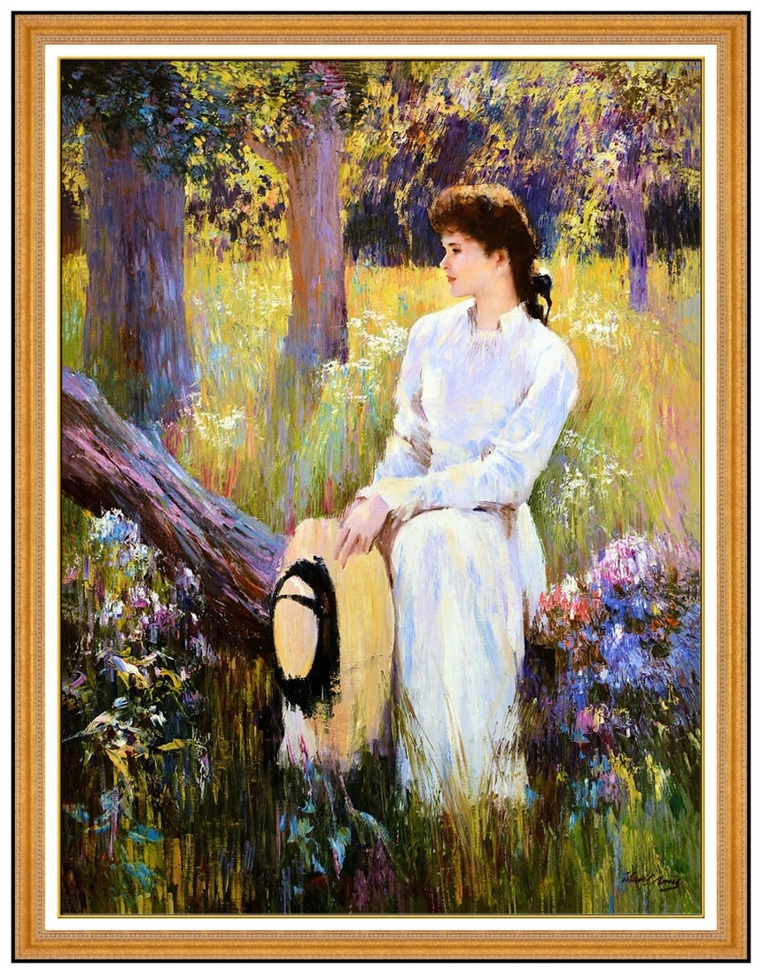 An He Large Original Oil Painting On Canvas Signed Portrait Flower Artwork (1 of 5)
