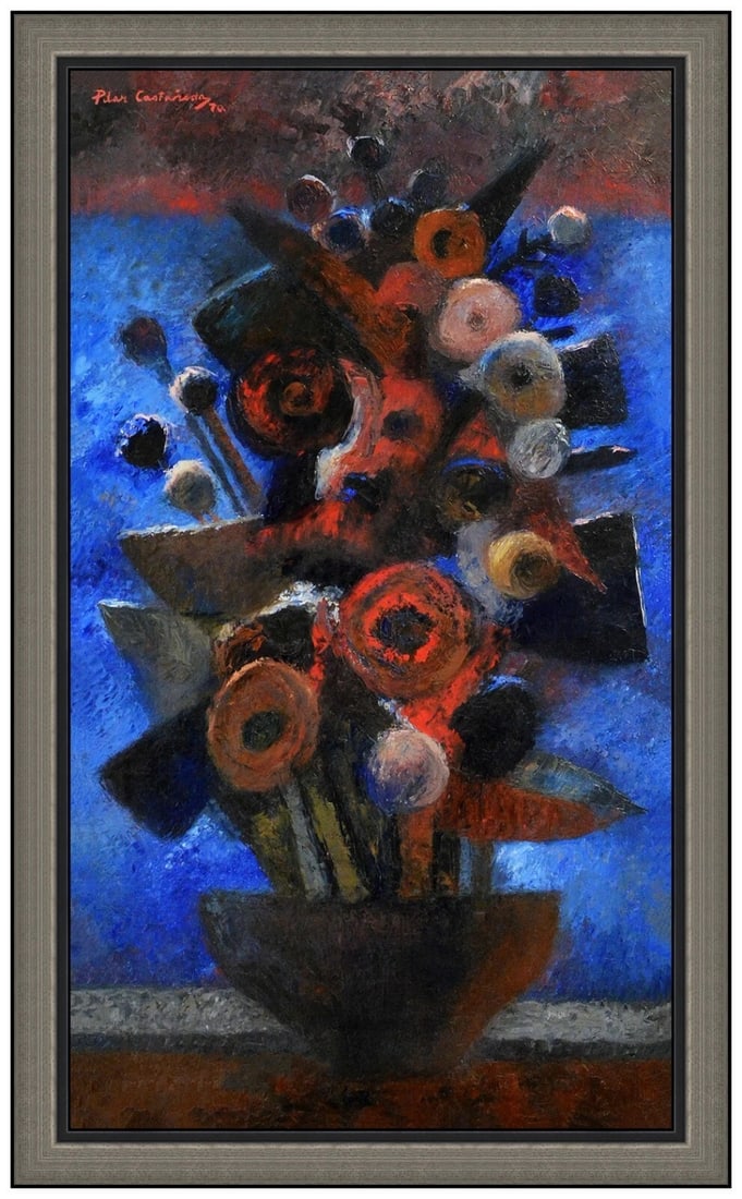 Pilar Castaneda Original Oil Painting On Canvas Signed Floral Still Life Art: This lot includes:Gallery COA. In-house shipping available (insurance and international shipping for an additional charge).Artist: Pilar CastanedaTitle: In Red and BlueMedium: Oil On CanvasSize: 28" x
