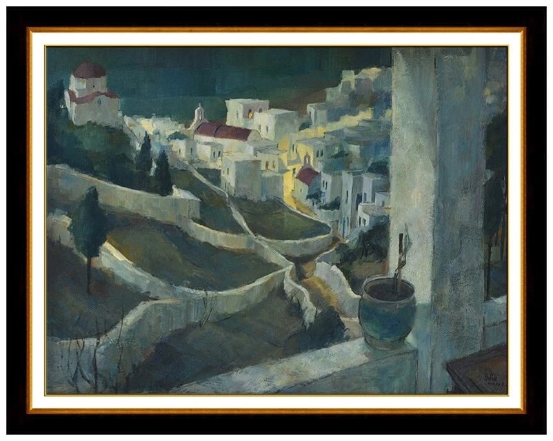 George Botich Original Oil Painting On Board Signed Greece Cityscape Framed Art: This lot includes:Gallery COA. In-house shipping available (insurance and international shipping for an additional charge).Artist: George Botich Title: The Cliffs of MykonosMedium: Oil Painting On Boa