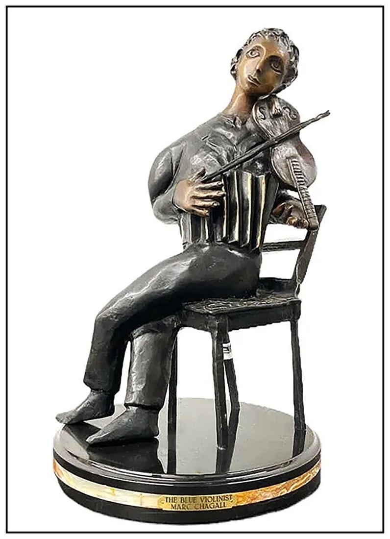 Guillermo Castano Original Bronze Sculpture Signed Marc Chagall Blue Violinist Art: This lot includes:Gallery COA. In-house shipping available (insurance and international shipping for an additional charge).Artist: Guillermo CastanoTitle: The Blue ViolinistMedium: BronzeSize: 26&rdqu