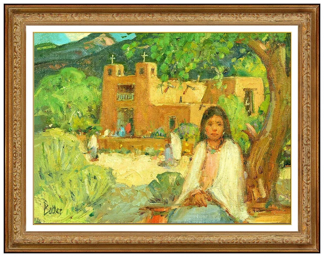 James Butler Original Oil Painting On Canvas Signed Female Portrait Framed Art: This lot includes:Gallery COA. In-house shipping available (insurance and international shipping for an additional charge).Artist: James ButlerTitle: Pueblo GardenMedium: Oil Painting on CanvasSize: 9
