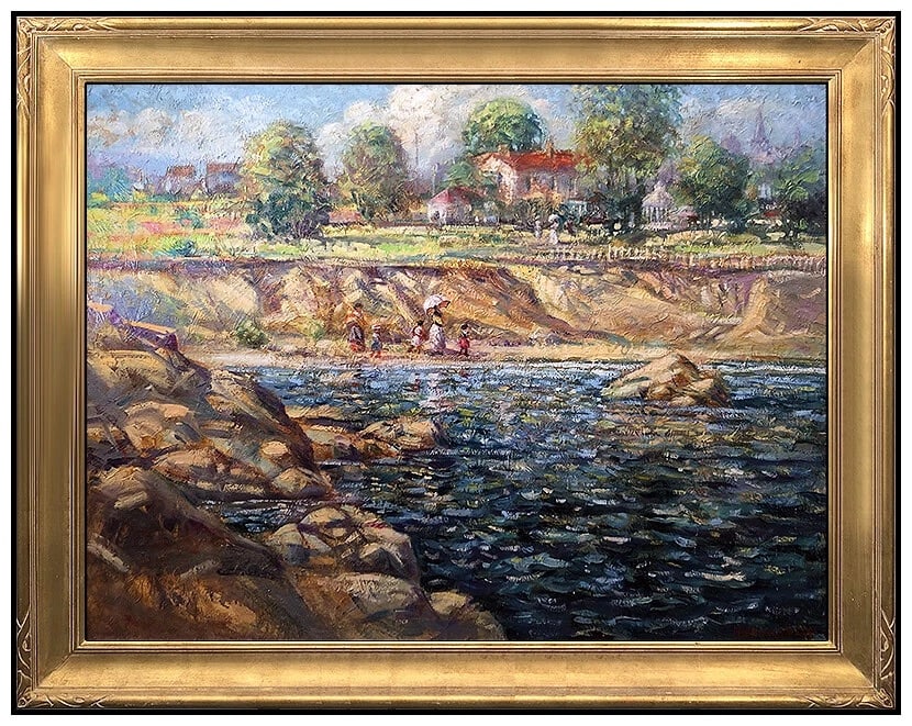 Tom Perkinson Large Original Oil Painting On Canvas Signed Landscape Framed Art: This lot includes:Gallery COA. In-house shipping available (insurance and international shipping for an additional charge).Artist: Tom Perkinson Title: Strolling the Sandy Shores Medium: Oil Painting