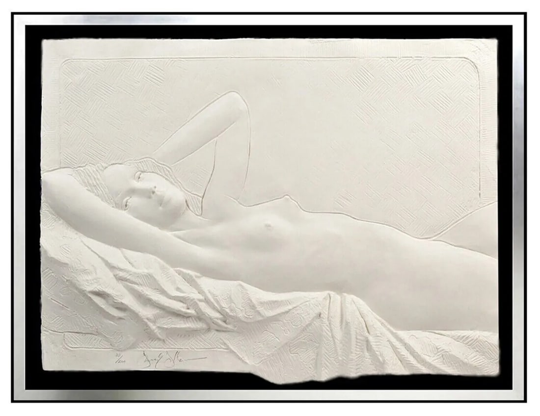 Frank Gallo Original Cast Paper Relief Sculpture Hand Signed Reclining Nude Art: This lot includes:Gallery COA (*Fully Insured In-house shipping for an additional charge)Artist: Frank GalloTitle: Reclining NudeMedium: Paper Relief SculptureFramed: 42" x 55"Signed: lower leftNumber