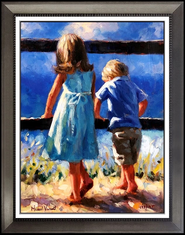 Michael Vincent Hanging Out Hand Embellished Giclee On Canvas Signed Children Art (1 of 4)
