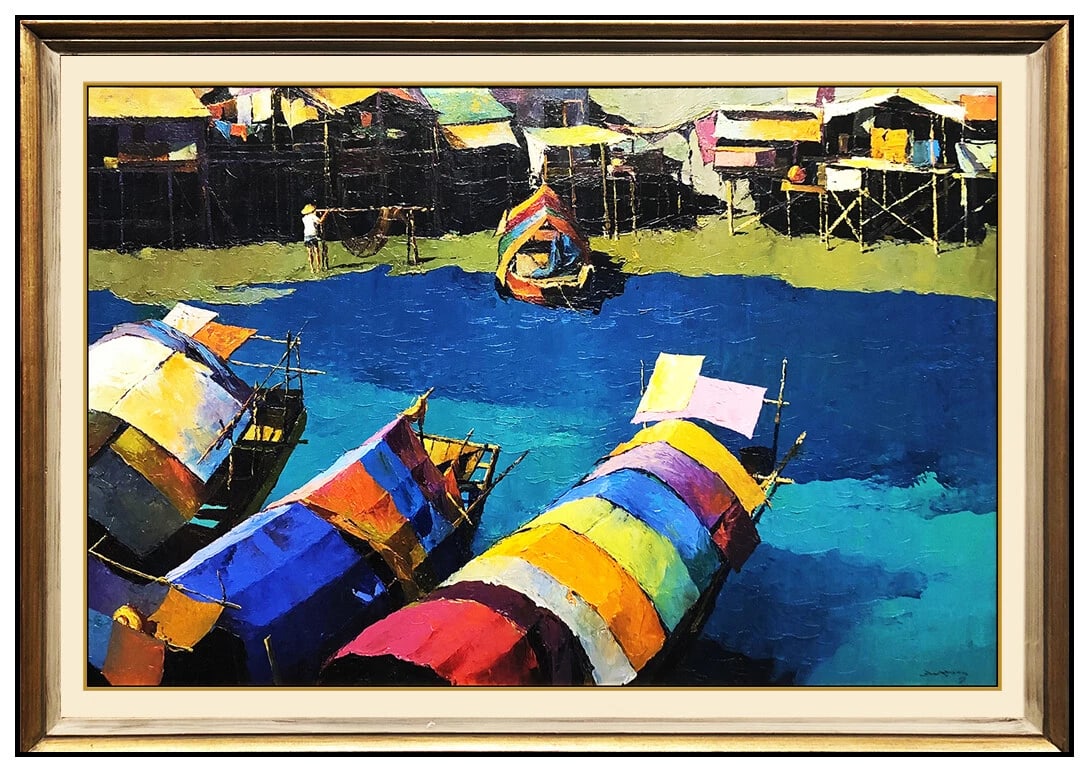 Wai Ming Large Original Oil Painting On Canvas Signed Harbor Landscape Art (1 of 7)