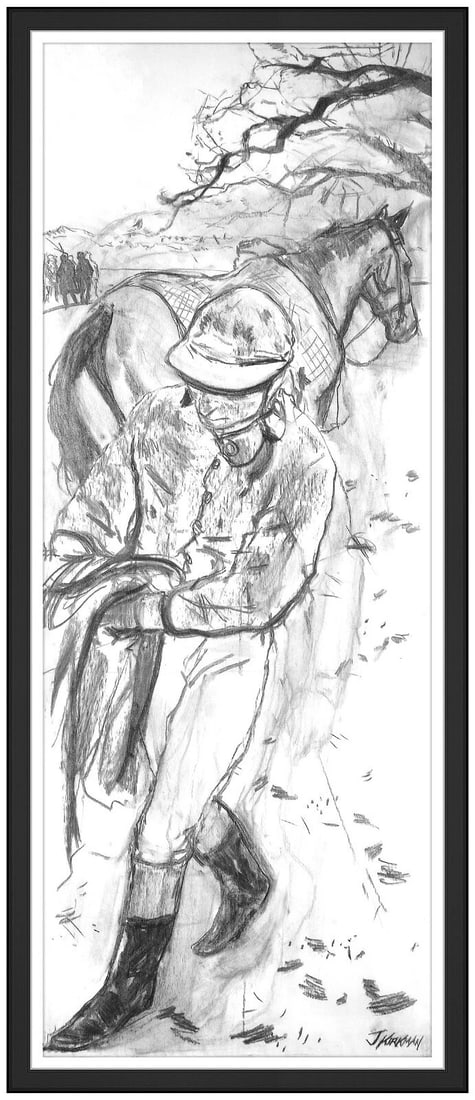 Jay Boyd Kirkman Large Original Charcoal Pastel Painting Signed Horse Jockey Art (1 of 5)