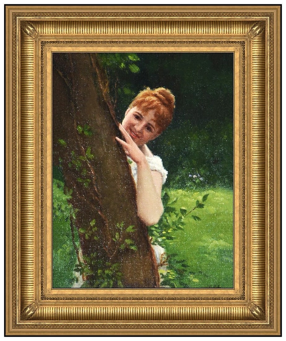 Charles Courtney Curran Original Oil Painting On Canvas Signed Figurative Framed Art: This lot includes:Gallery COA (*Fully Insured In-house shipping for an additional charge)Artist: Charles Courtney CurranTitle: Hide and SeekMedium: Oil Painting On CanvasSize: 8” x 6”Frame