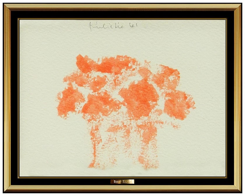 Robert Kulicke Original Gouache Painting Signed Floral Still Life Vase Framed Art: This lot includes:Gallery COA (*Fully Insured In-house shipping for an additional charge)Artist: Robert Kulicke Title: Coral ArrayMedium: Gouache PaintingSize: 4.25" x 5.5"Framed: 10" x 11"Signed: upp