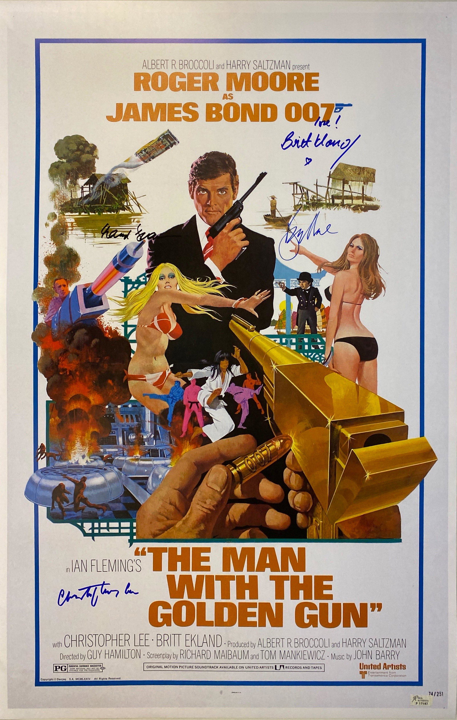 Autograph Signed James Bond 007 Man With The Golden Gun: Category: Autograph CollectiblesAutograph By: Roger Moore, Christopher Lee, Britt Ekland, Maud AdamsSize : 24'' x 36''Item is in great condition with no damage, unframed and certified.Please review ou