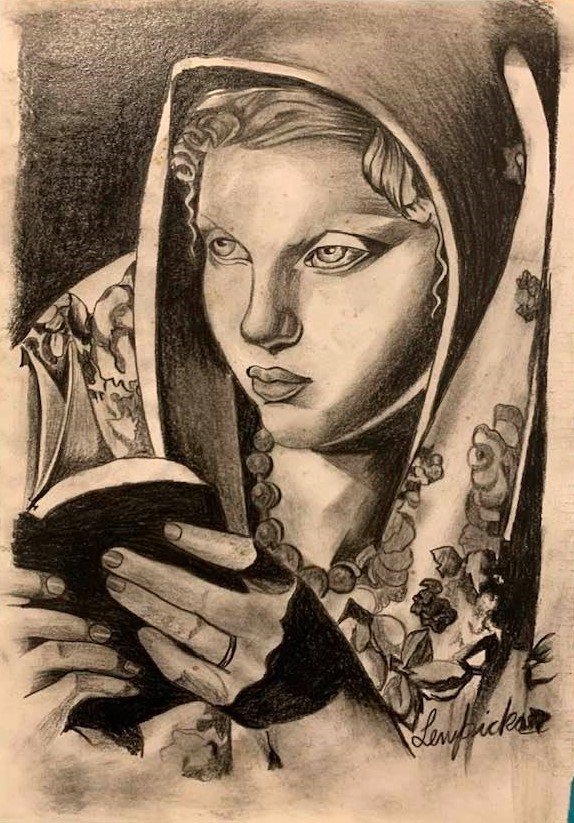 Tamara de Lempicka (after) Woman with a book: I. ● Artist: Tamara de Lempicka (after) ● Title: Woman with a book ● Dimensions in inches: (9 3/4 high x 7 wide) ● Medium: charcoal on paper ● Condition: good general con
