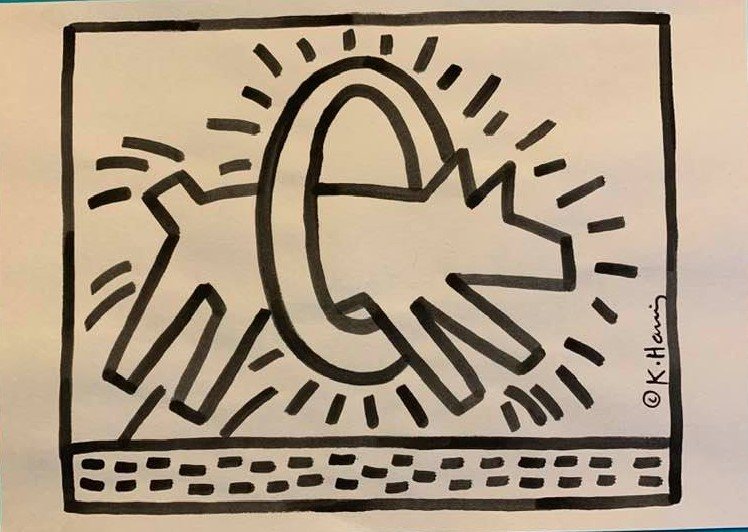 Keith Haring (In The Style of) Watercolor on paper: I. ● Artist: Keith Haring (in the style of) ● Title: Untitled ● Dimensions in inches: (12 h × 8 1/2 w) ● Medium: Watercolor on paper. ● Condition: good general condition