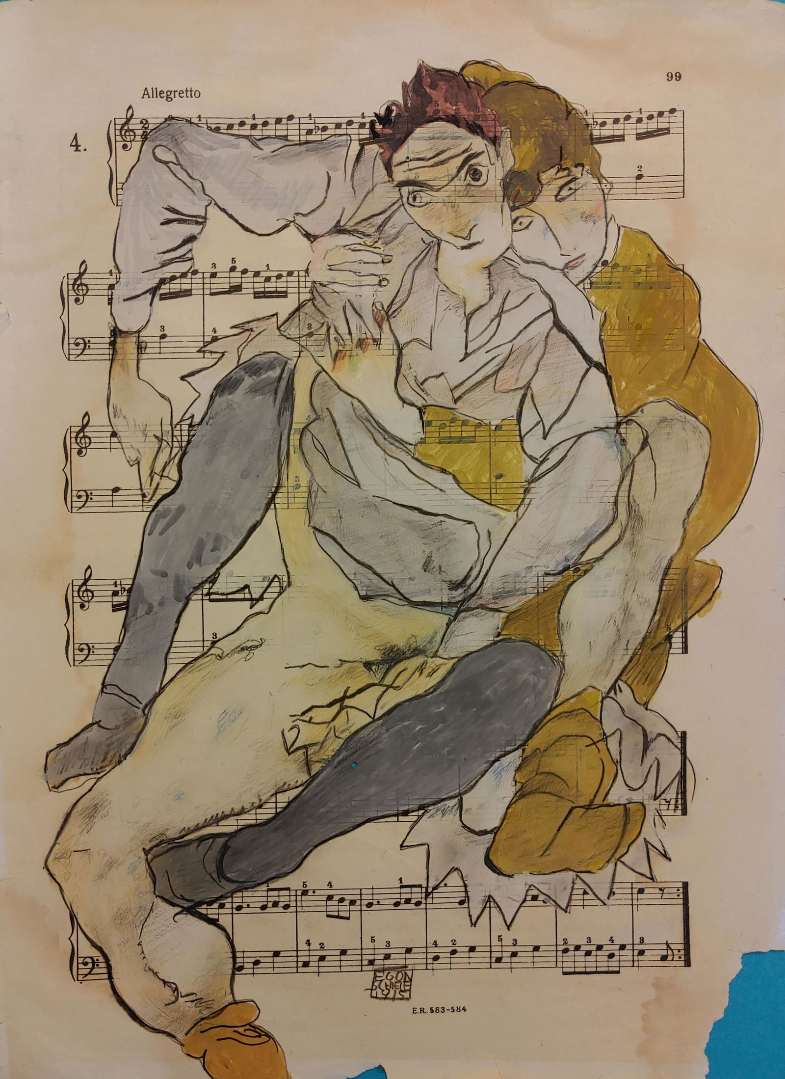 Egon Schiele (After) Seated Couple, 1915: I. Â° Artist: Egon Schiele (after) Â° Title: Seated couple, 1915 Â° Dimensions in inches: (12 h x 9 w) Â° Medium: Watercolor on paper. Â°Condition: good general condition II. The sheet of pa