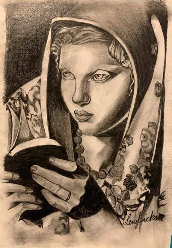 Tamara de Lempicka (After) Woman with a book: I. Â° Artist: Tamara de Lempicka (after) Â° Title: Woman with a book Â° Dimensions in inches: (9 3/4 high x 7 wide) Â° Medium: charcoal on paper Â° Condition: good general condition II. The