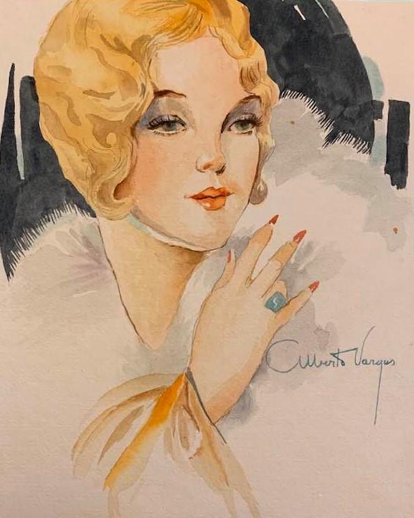 Alberto Vargas (After) Portrait of a woman: I. Â°Artist: Alberto Vargas (after) Â° Title: Portrait of a woman Â° Dimensions in inches: (10 h x 8 w) Â°Medium: Watercolor on cotton card Â°Condition: good general condition II. The drawin