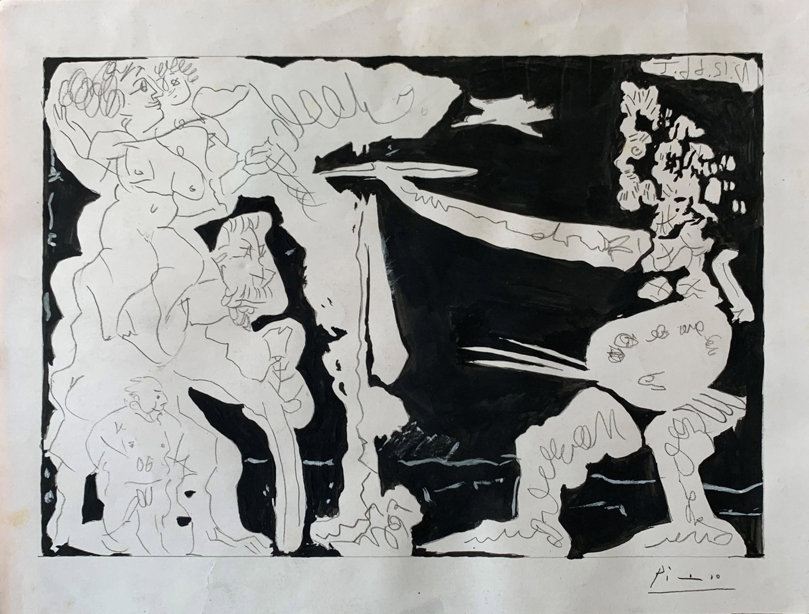 Pablo Picasso (In the style of) Untitled: I. Â° Artist: Pablo Picasso (In the style of) Â° Title: Untitled Â° Dimensions in inches: (8 3/8 h x 11 w) Â° Medium: Graphite and ink on paper Â° Condition: good general condition. Â° Pro