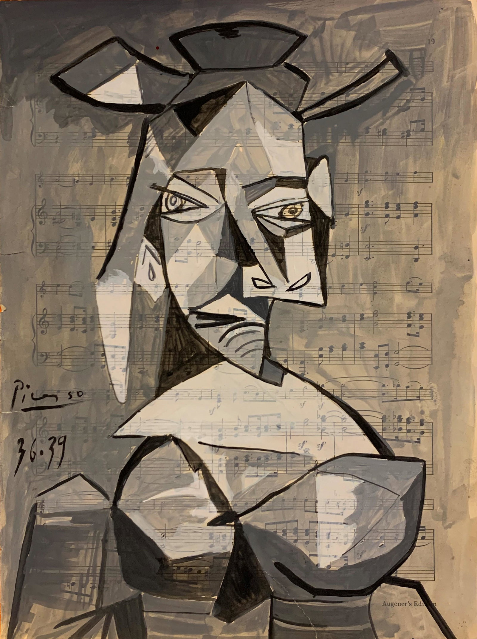 Pablo Picasso (After) Untitled: I. Â° Artist: Pablo Picasso (after) Â° Title: Untitled Â° Dimensions in inches: (12 1/4 h x 9 1/4 w) Â° Medium: Watercolor and gouache on piano score paper Â° Condition: good general conditi