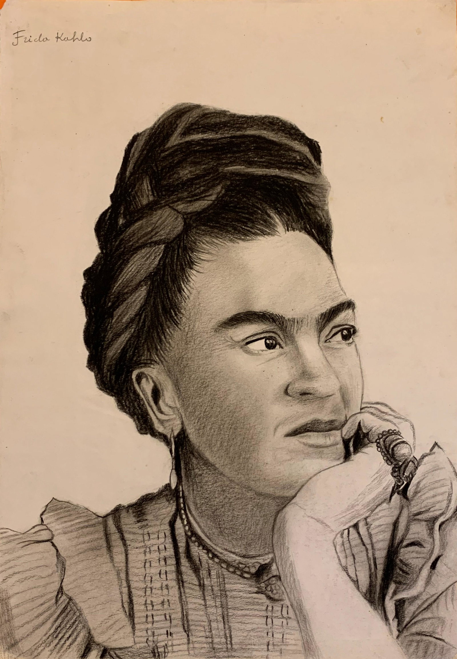 Fryda Kahlo (In the style of) ortrait of Frida Kahlo: I. Â° Artist: Fryda Kahlo (In the style of) Â° Title: Portrait of Frida Kahlo Â° Dimensions in inches: (14 1/8 h x 9 7/16 w) Â° Medium: Graphite on heavy paper Â° Condition: good general con