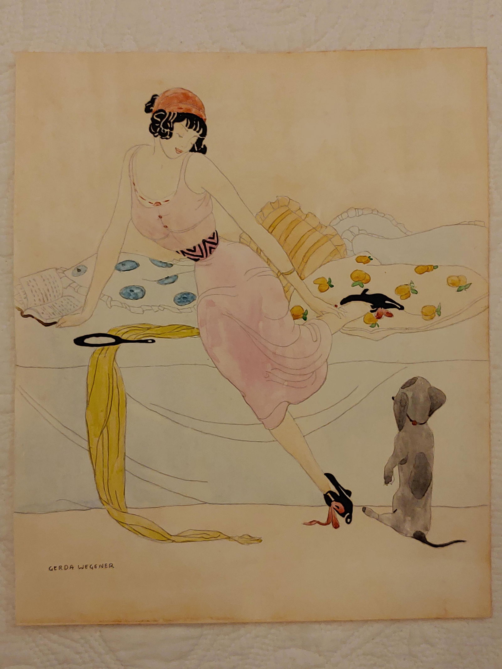 Gerda Wegener (After) Lady with Dog: I. Â° Artist: Gerda Wegener (after) Â° Title: Lady with dog Â° Dimensions in inches: (12 h x 10 w) Â° Medium: Watercolor on paper Â° Condition: good general condition Â° Provenance: Privat