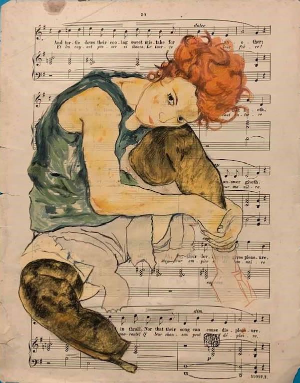 Egon Schiele (After) Seated Woman with Bent Knee: I. Â° Artist: Egon Schiele (after) Â° Title: Seated woman with bent knee Â° Dimensions in inches: (12 1/2 h x 10 w) Â° Medium: Watercolor on piano score paper Â° Condition: good general cond