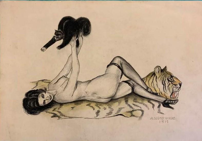 Alberto Vargas (After) Woman with Cat, 1915: I. Â° Artist: Alberto Vargas (after) Â° Title: Woman with Cat, 1915 Â° Dimensions in inches: (11 1/2 h x 8 w) Â° Medium: Charcoal and colored pencil on paper Â° Condition: good general condi