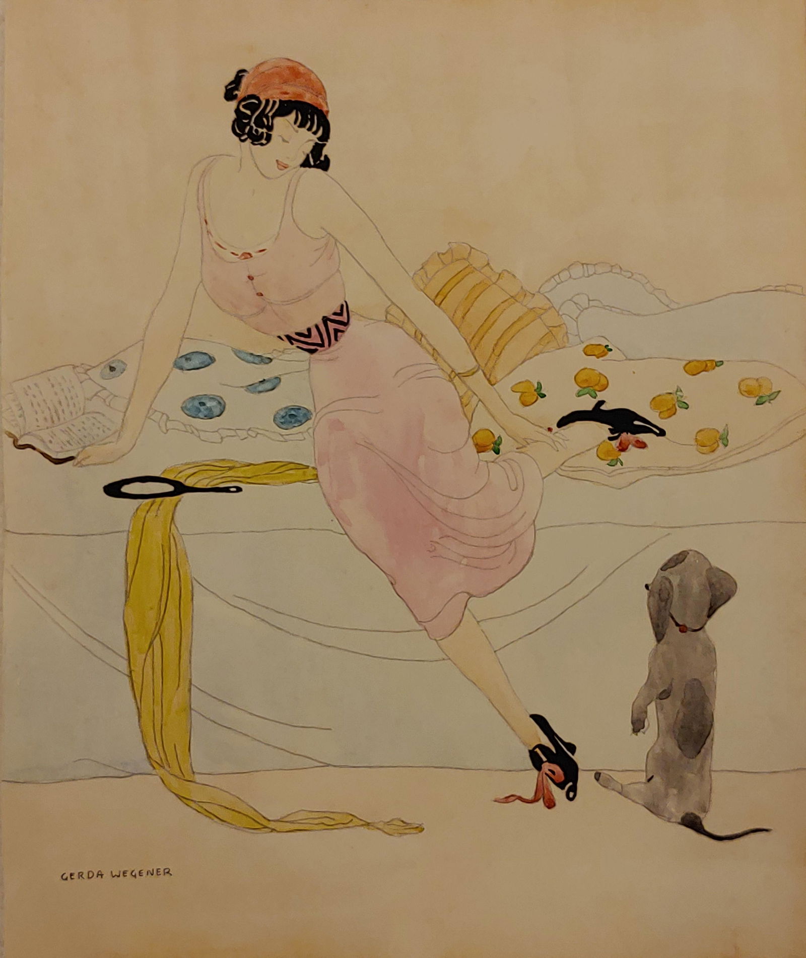 Gerda Wegener (After) Lady with Dog: I. Â° Artist: Gerda Wegener (after) Â° Title: Lady with dog Â° Dimensions in inches: (12 h x 10 w) Â° Medium: Watercolor on paper Â° Condition: good general condition Â° Provenance: Privat