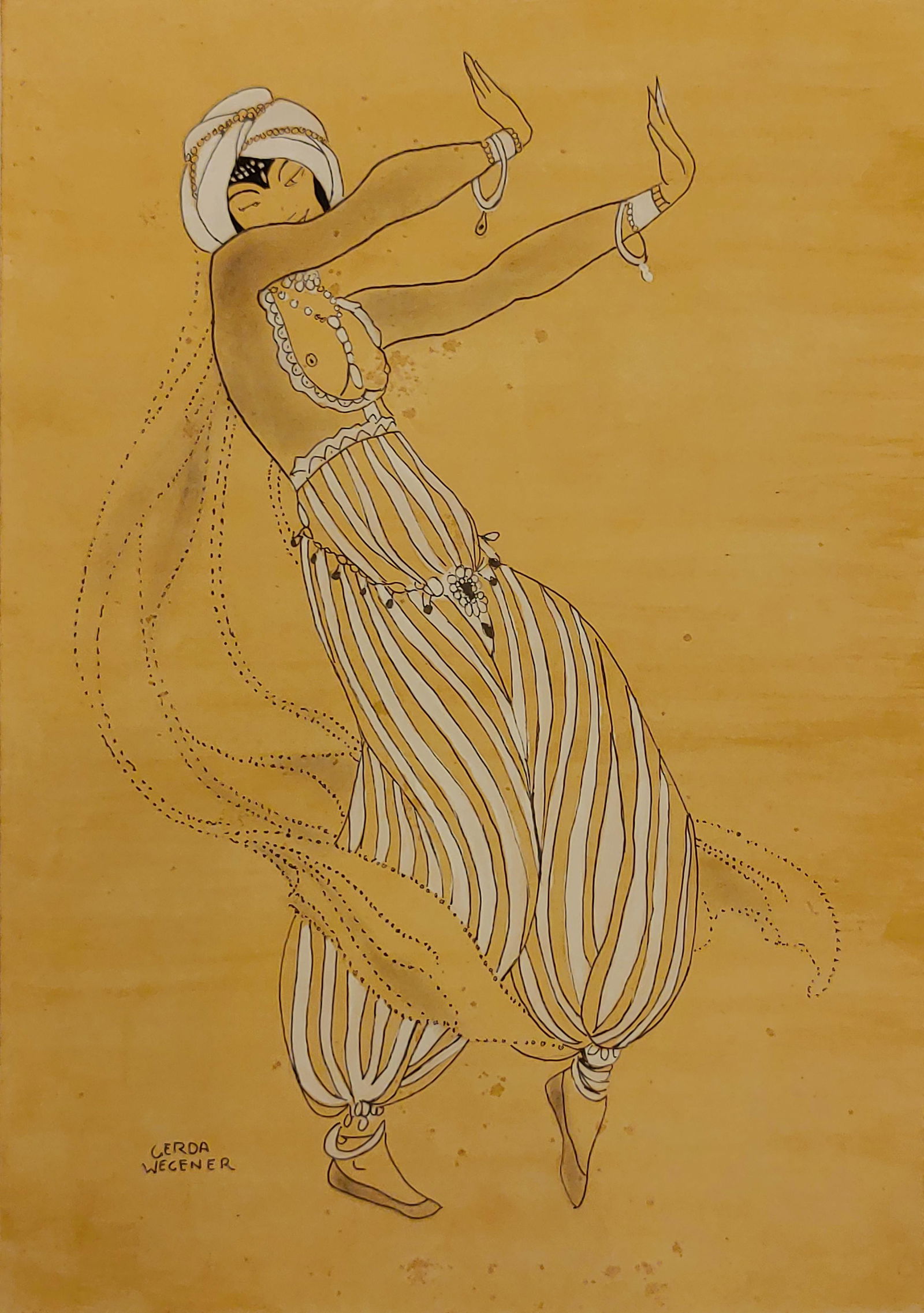 Gerda Wegener (After) Dancer: I. Â° Artist: Gerda Wegener (in the style of) Â° Title: Dancer Â° Dimensions in inches: (11 3/4 h x 8 1/4 w) Â° Medium: Watercolor and pen on paper Â° Condition: good general condition Â°