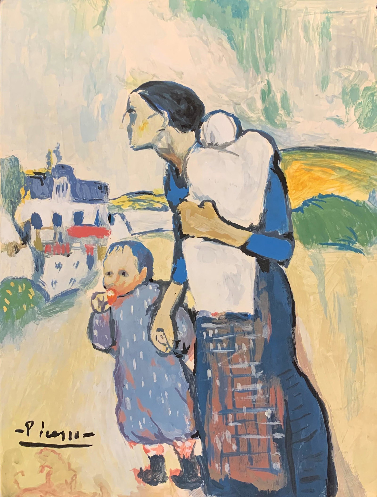 Pablo Picasso (After) The Mother Leading Two Children: I Â° Artist: Pablo Picasso (After) Â° Title: The Mother leading two children Â° Dimensions in inches: (11 1/2 h x 8 3/4 w) Â° Medium: Watercolor on paper. Â° Condition: good general conditio