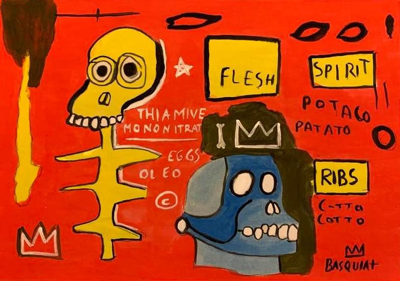 Michel Basquiat (In the style of) Gouache on paper: I. Â° Artist: Jean-Michel Basquiat (In the style of) Â° Title: Untitled Â° Dimensions in inches: (12 h x 8 1/2 w) Â° Medium: Gouache on paper. Â° Condition: good general condition II. The sh