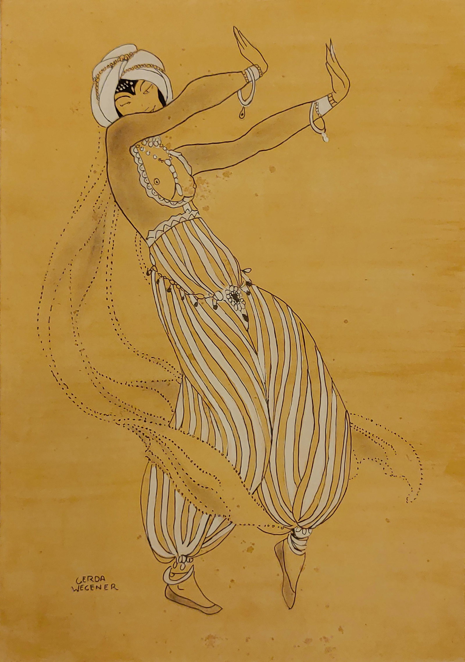 Gerda Wegener (After) Dancer: I. ° Artist: Gerda Wegener (in the style of) ° Title: Dancer ° Dimensions in inches: (11 3/4 h x 8 1/4 w) ° Medium: Watercolor and pen on paper ° Condition: good general condi