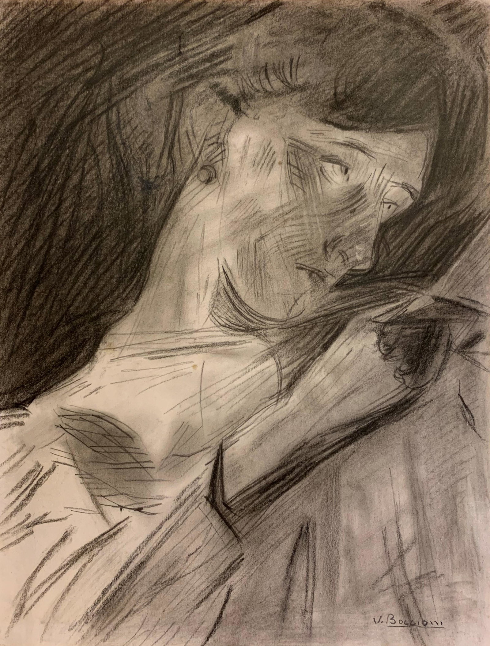 Unberto Boccioni (After) Young Woman Reading: I. ° Artist: Unberto Boccioni (after) ° Title: Young Woman Reading ° Dimensions in inches: (11 h x 8 1/2 w) ° Medium: Charcoal on paper ° Condition: good general condition II.