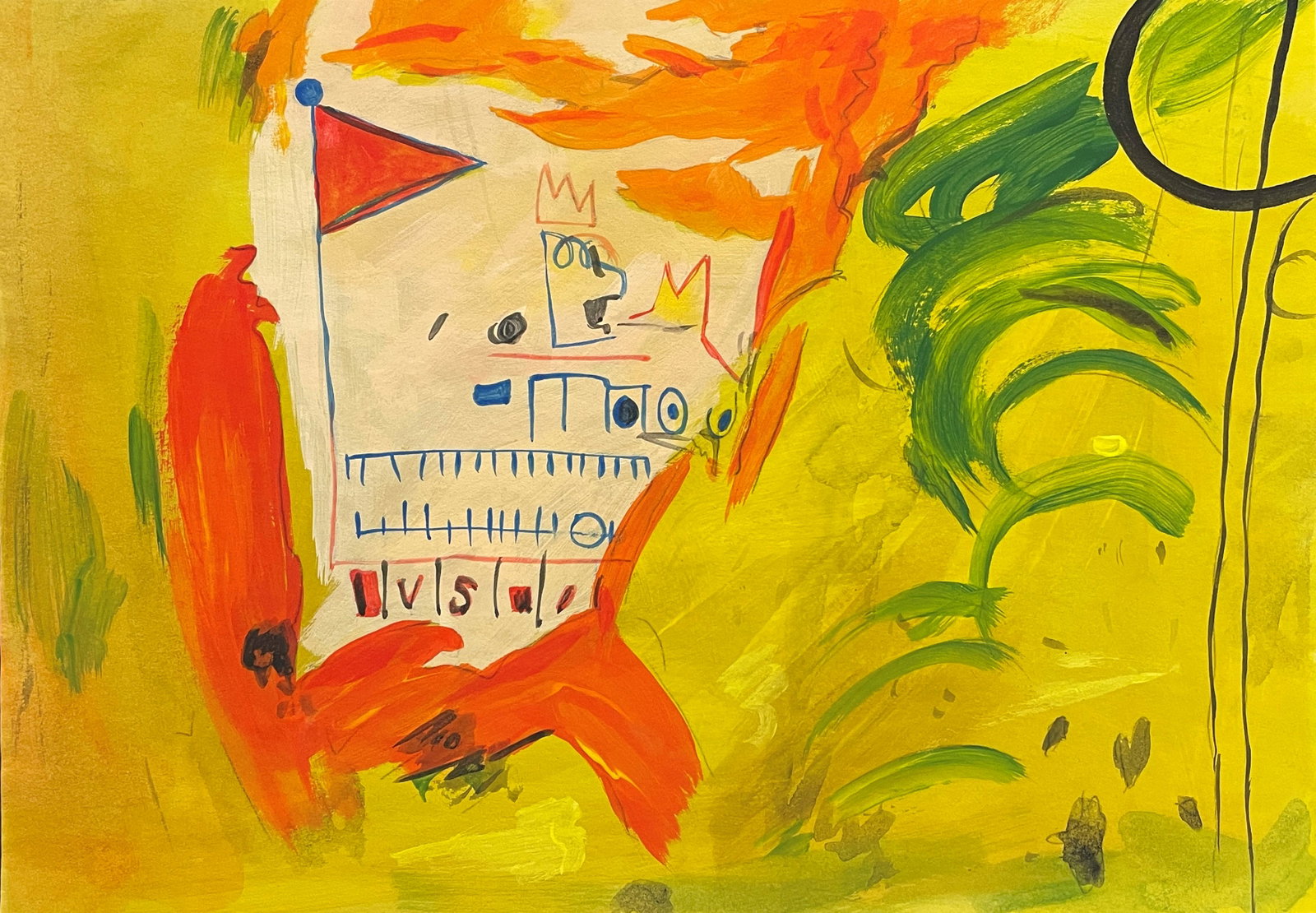 Jean-Michel Basquiat (In the style of) Gouache on paper: I. Â° Artist: Jean-Michel Basquiat (In the style of) Â° Dimensions in inches: (8 1/4 h x 11 3/4 w) Â° Medium: Gouache on paper. Â° Condition: good general condition II. The sheet of paper is i