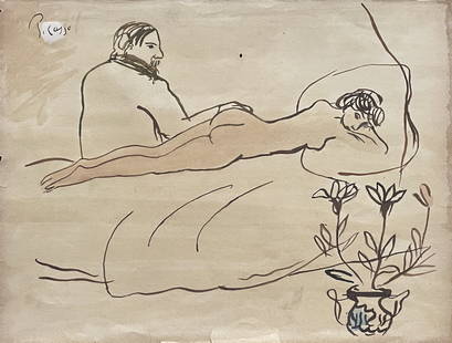 Pablo Picasso "in the style of" Drawin on paper: "I. °Artist: Pablo Picasso °Medium: mixed technique on paper °Condition: good general condition. II. 1. The word ""In the style of"" is used for a work by an unknown creator who has created a