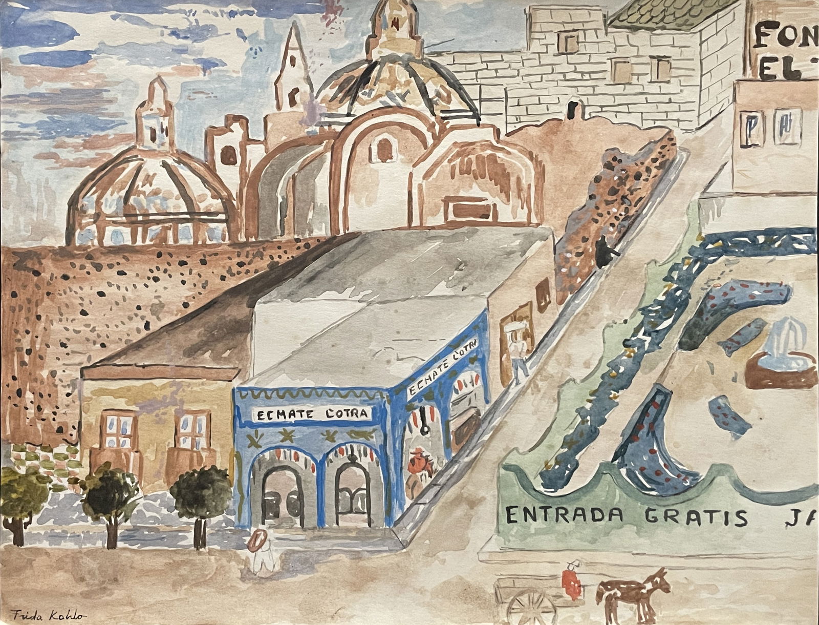 Frida Kahlo "in the style of" Drawin on paper: I Â° Artist: Frida Kahlo Â° Technique: Watercolor on paper. Â° Condition: good general condition. Â° Provenance: Private collection II. 1. The word "In the style of" is used for a work by an u