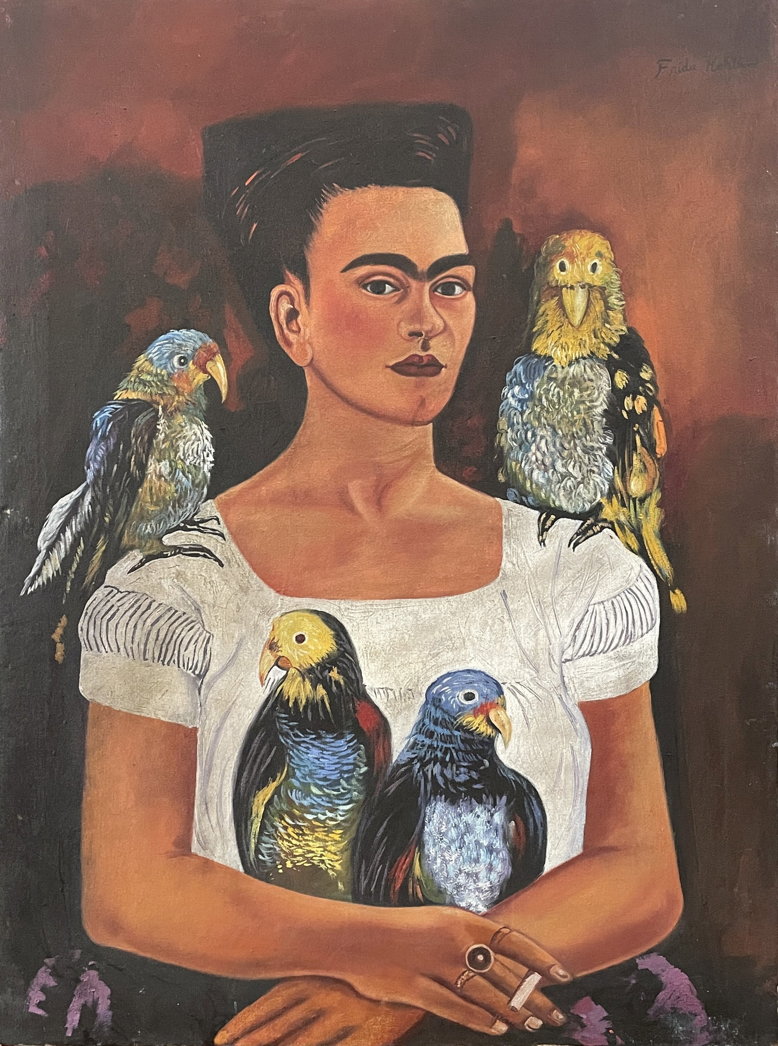 Frida Kahlo (In the style of) Oil on canvas: I. Â° Artist: Frida Kahlo Â° Condition: good general condition Â° Listing: Private Collection II. 1. The word "In the style of" is used for a work by an unknown creator who has created a copy of