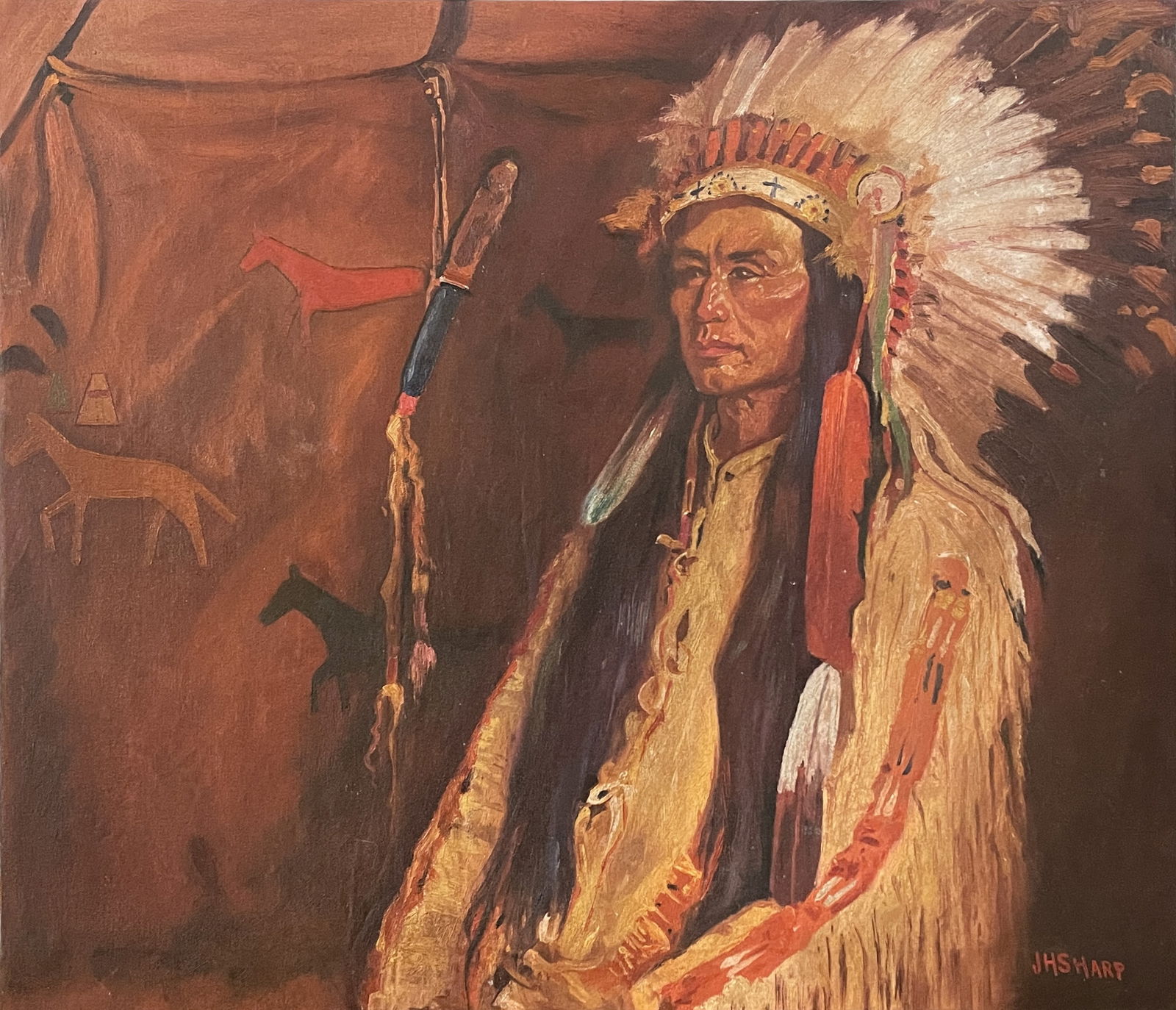 Joseph Henry Sharp (In the style of) Oil on canvas: I. Â° Artist: Joseph Henry Sharp Â° Condition: good general condition Â° Listing: Private Collection II. 1. The word "In the style of" is used for a work by an unknown creator who has created a