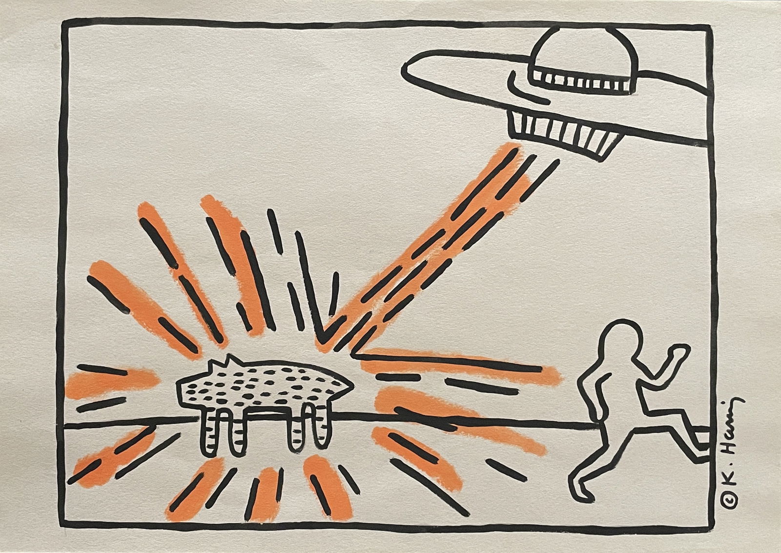 Keith Haring (In the style of) Drawin on paper: I. Â° Artist: Keith Haring Â° Medium: Watercolor on paper Â° Condition: good general condition II. 1. The word "In the style of" is used for a work by an unknown creator who has created a copy o