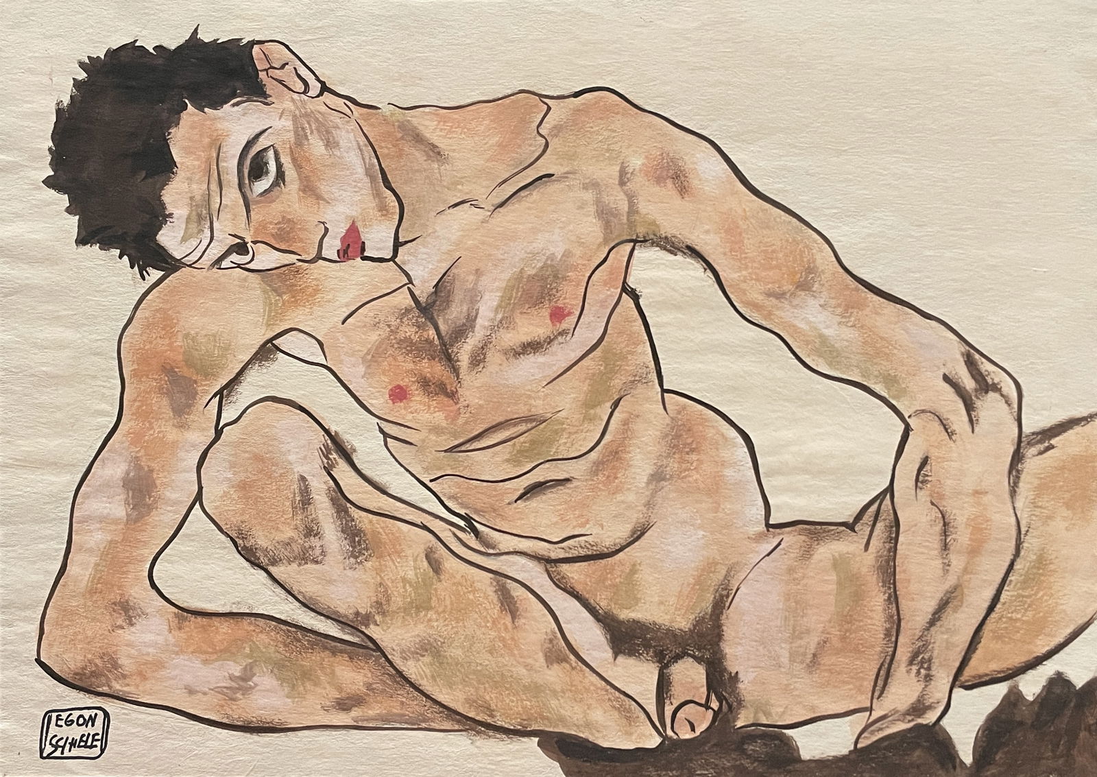Egon Schiele (In the style) Drawin on paper: I. Â° Artist: Egon Schiele Â° Medium: Gouache on paper. Â° Condition: good general condition II. 1. The word "In the style of" is used for a work by an unknown creator who has created a copy of