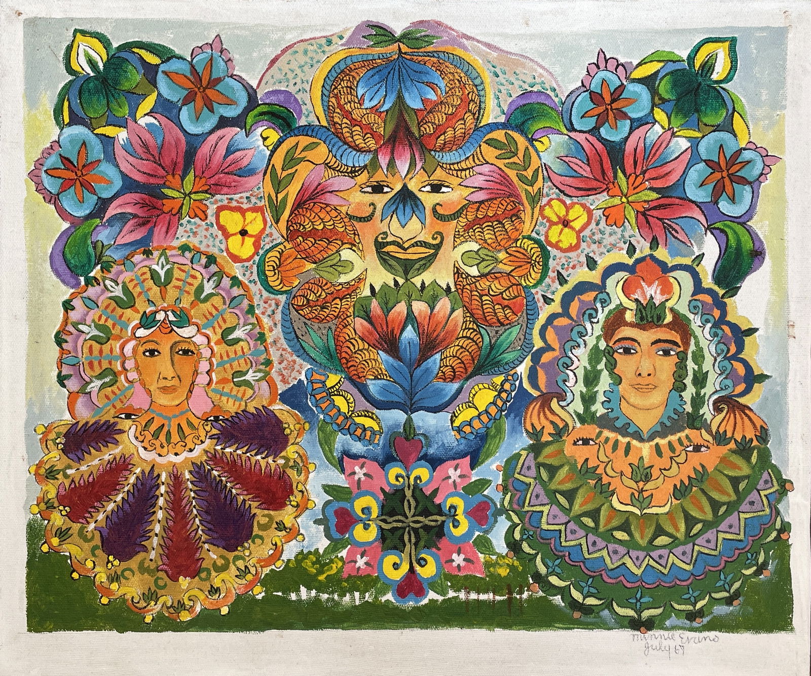 Minnie Evans (In the style) Oil on canvas: I. Â° Artist: Minnie Evans Â° Condition: good general condition Â° Listing: Private Collection II. 1. The word "In the style of" is used for a work by an unknown creator who has created a copy o